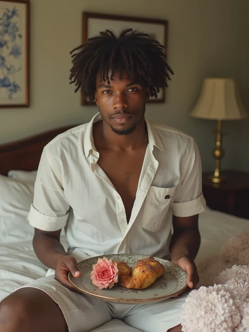 model having picnic in bedroom, wearing if(gender=f){flowy linen dress} if(gender=m){casual linen shirt and shorts}, fresh pastries and flowers on vintage tray, soft natural lighting, dreamy aesthetic