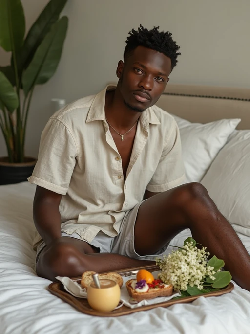 model having picnic in bedroom, wearing if(gender=f){flowy linen dress} if(gender=m){casual linen shirt and shorts}, fresh pastries and flowers on vintage tray, soft natural lighting, dreamy aesthetic