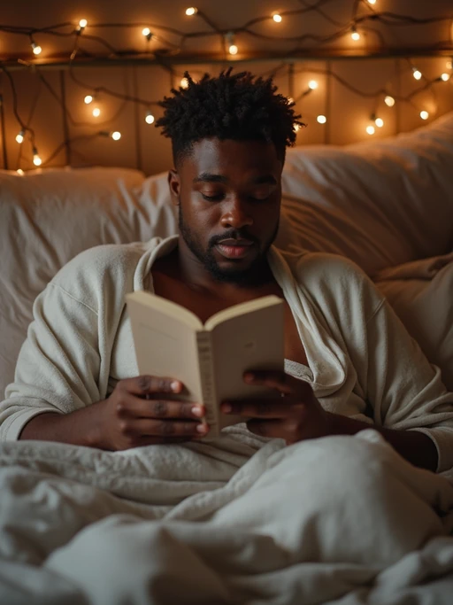 model reading book in bed, wearing if(gender=f){silk pajama set} if(gender=m){comfortable cotton sleepwear}, surrounded by soft pillows and blankets, fairy lights in background, golden hour lighting, peaceful weekend morning