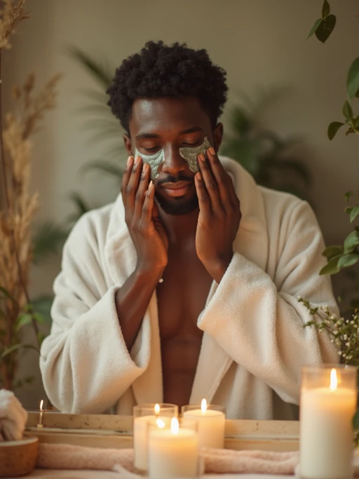 model doing skincare routine in bathroom, wearing if(gender=f){plush white robe} if(gender=m){soft cotton bathrobe}, applying face mask, surrounded by candles and plants, gentle morning light, serene spa-like atmosphere