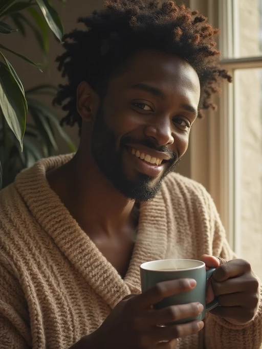 model in cozy morning routine, wearing if(gender=f){oversized cream sweater and soft pajama pants} if(gender=m){warm knit sweater and comfortable loungewear}, holding steaming coffee mug, soft natural lighting streaming through window, peaceful expression, hygge aesthetic