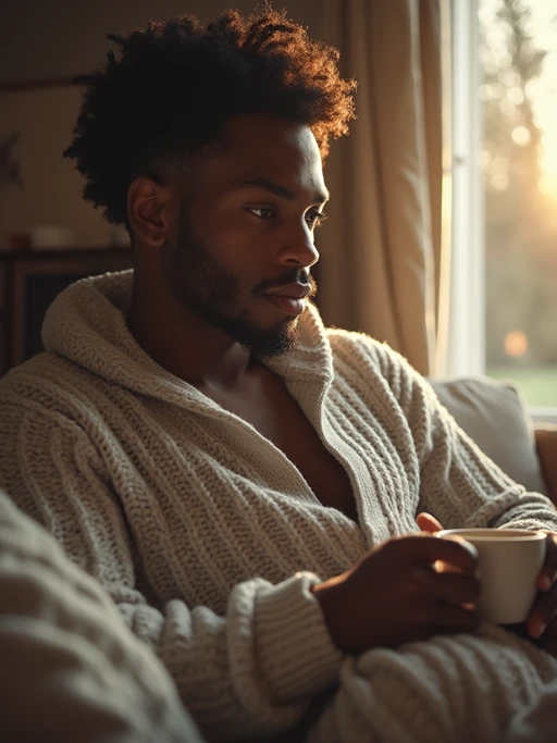 model in cozy morning routine, wearing if(gender=f){oversized cream sweater and soft pajama pants} if(gender=m){warm knit sweater and comfortable loungewear}, holding steaming coffee mug, soft natural lighting streaming through window, peaceful expression, hygge aesthetic