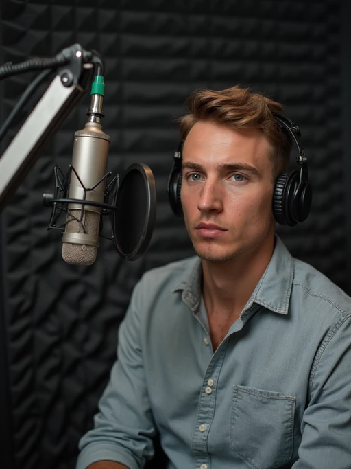 model in professional podcast booth, wearing if(gender=f){elegant top} if(gender=m){business casual shirt}, isolation booth setup, professional microphone, focused expression, broadcast quality lighting