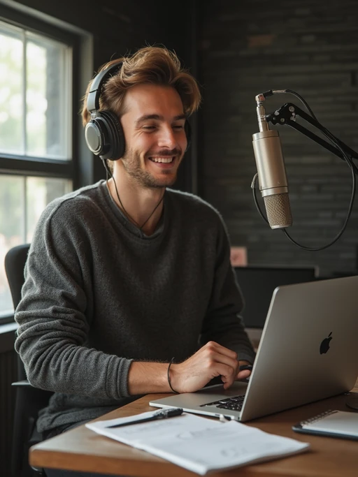 model recording solo podcast, wearing if(gender=f){trendy top} if(gender=m){casual sweater}, dynamic arm microphone, laptop and notes visible, energetic expression, modern studio environment