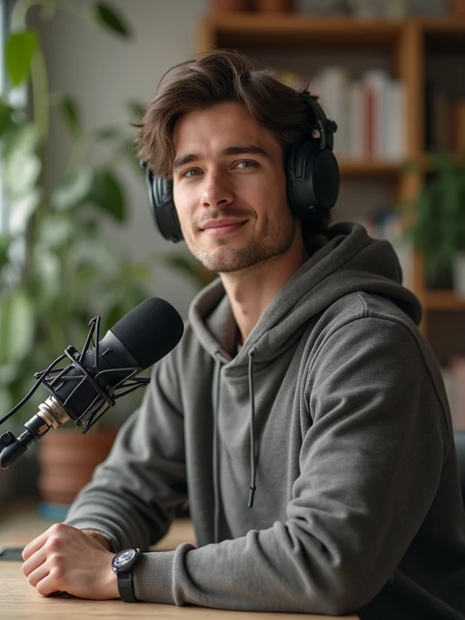 model in home podcast studio, wearing if(gender=f){cozy cardigan} if(gender=m){comfortable hoodie}, desk microphone setup, books and plants in background, natural lighting, approachable aesthetic