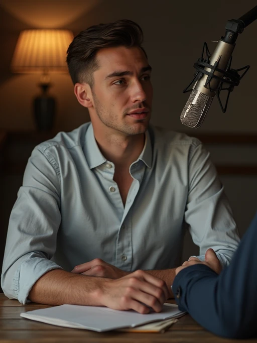 model as podcast interviewer, wearing if(gender=f){professional blouse} if(gender=m){crisp dress shirt}, leaning toward microphone, notepad visible, intimate conversation setup, warm lighting