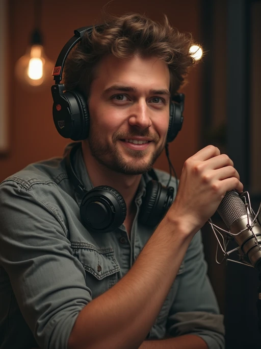 model as podcast host in professional studio, wearing if(gender=f){stylish blazer over casual top} if(gender=m){smart casual button-up shirt}, speaking into boom microphone, headphones around neck, warm studio lighting, confident expression