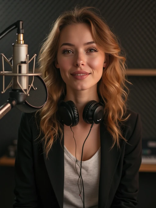 model as podcast host in professional studio, wearing if(gender=f){stylish blazer over casual top} if(gender=m){smart casual button-up shirt}, speaking into boom microphone, headphones around neck, warm studio lighting, confident expression