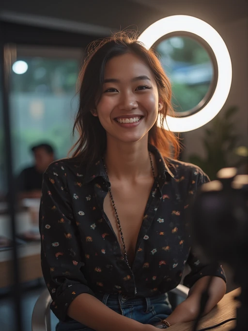 model doing video podcast, wearing if(gender=f){camera-ready outfit} if(gender=m){presentable casual wear}, ring light and camera visible, dual setup for audio and video, modern creator space
