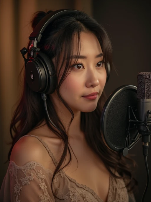 model in professional podcast booth, wearing if(gender=f){elegant top} if(gender=m){business casual shirt}, isolation booth setup, professional microphone, focused expression, broadcast quality lighting