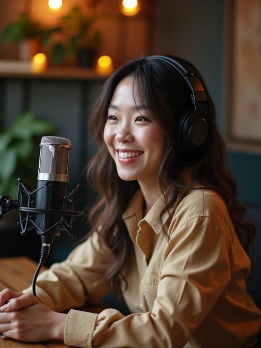 model as podcast co-host, wearing if(gender=f){smart casual outfit} if(gender=m){relaxed button-up}, sharing microphone space, collaborative setup, warm studio atmosphere, friendly interaction