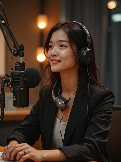 model as podcast host in professional studio, wearing if(gender=f){stylish blazer over casual top} if(gender=m){smart casual button-up shirt}, speaking into boom microphone, headphones around neck, warm studio lighting, confident expression