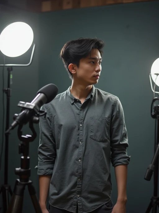 model doing video podcast, wearing if(gender=f){camera-ready outfit} if(gender=m){presentable casual wear}, ring light and camera visible, dual setup for audio and video, modern creator space
