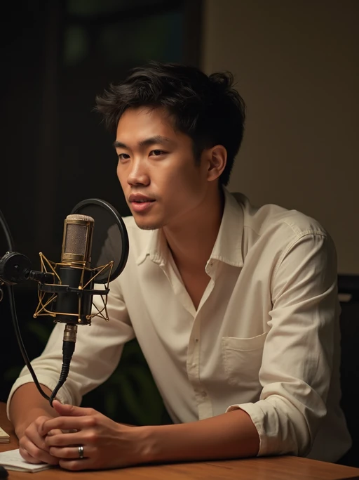 model as podcast interviewer, wearing if(gender=f){professional blouse} if(gender=m){crisp dress shirt}, leaning toward microphone, notepad visible, intimate conversation setup, warm lighting