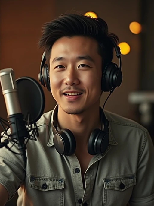 model as podcast host in professional studio, wearing if(gender=f){stylish blazer over casual top} if(gender=m){smart casual button-up shirt}, speaking into boom microphone, headphones around neck, warm studio lighting, confident expression