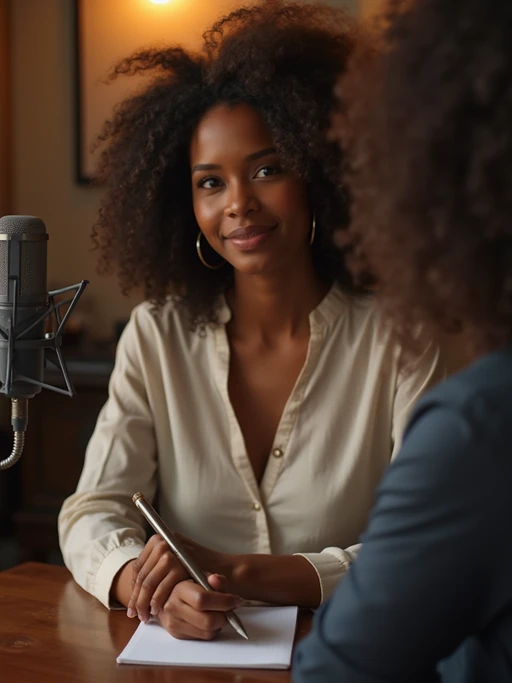 model as podcast interviewer, wearing if(gender=f){professional blouse} if(gender=m){crisp dress shirt}, leaning toward microphone, notepad visible, intimate conversation setup, warm lighting