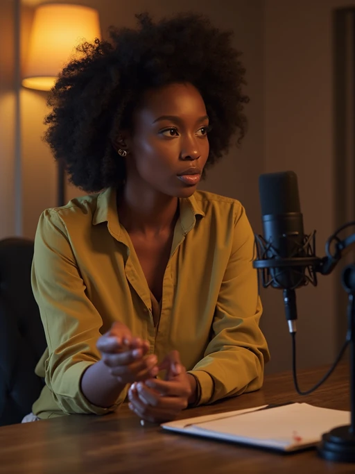 model as podcast interviewer, wearing if(gender=f){professional blouse} if(gender=m){crisp dress shirt}, leaning toward microphone, notepad visible, intimate conversation setup, warm lighting