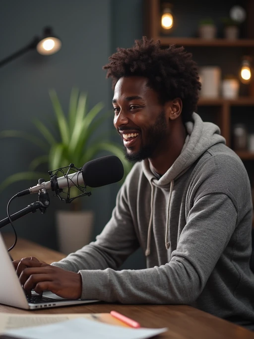 model recording solo podcast, wearing if(gender=f){trendy top} if(gender=m){casual sweater}, dynamic arm microphone, laptop and notes visible, energetic expression, modern studio environment