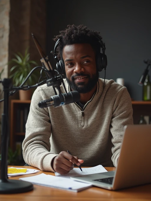 model recording solo podcast, wearing if(gender=f){trendy top} if(gender=m){casual sweater}, dynamic arm microphone, laptop and notes visible, energetic expression, modern studio environment