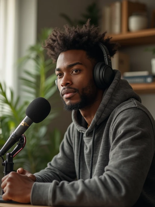 model in home podcast studio, wearing if(gender=f){cozy cardigan} if(gender=m){comfortable hoodie}, desk microphone setup, books and plants in background, natural lighting, approachable aesthetic