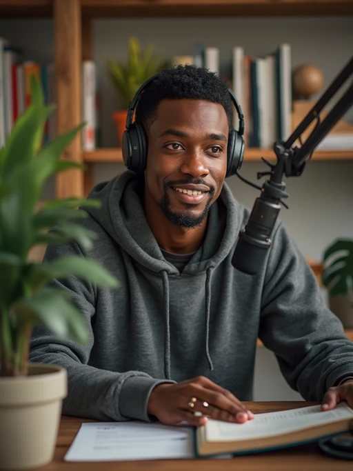 model in home podcast studio, wearing if(gender=f){cozy cardigan} if(gender=m){comfortable hoodie}, desk microphone setup, books and plants in background, natural lighting, approachable aesthetic