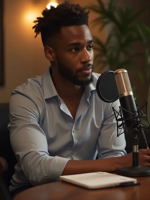model as podcast interviewer, wearing if(gender=f){professional blouse} if(gender=m){crisp dress shirt}, leaning toward microphone, notepad visible, intimate conversation setup, warm lighting