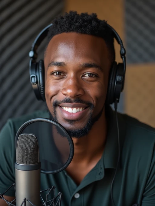 model recording podcast, wearing if(gender=f){comfortable sweater} if(gender=m){polo shirt}, large microphone in front, soundproofing panels in background, professional studio setup, engaging expression