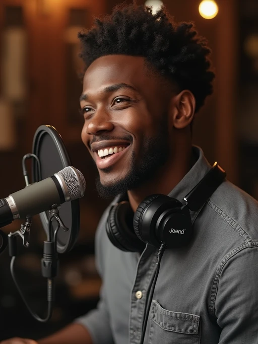 model as podcast host in professional studio, wearing if(gender=f){stylish blazer over casual top} if(gender=m){smart casual button-up shirt}, speaking into boom microphone, headphones around neck, warm studio lighting, confident expression