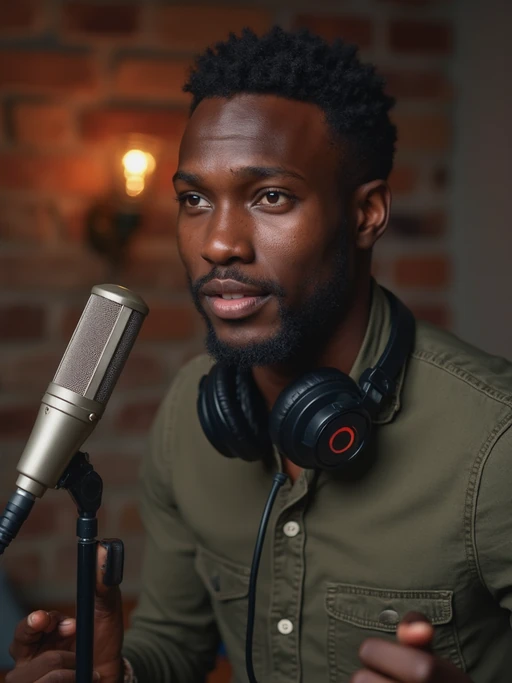 model as podcast host in professional studio, wearing if(gender=f){stylish blazer over casual top} if(gender=m){smart casual button-up shirt}, speaking into boom microphone, headphones around neck, warm studio lighting, confident expression
