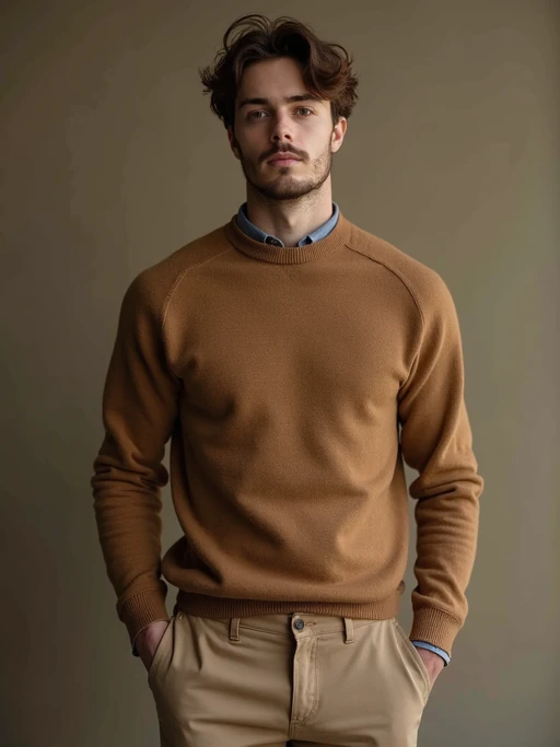 model in if(gender=f){caramel cashmere sweater with brown silk skirt} if(gender=m){brown cashmere sweater with tan trousers}, premium materials, rich earth tone palette, elegant composition