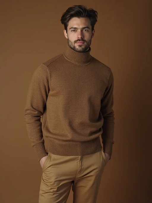 model in if(gender=f){caramel cashmere sweater with brown silk skirt} if(gender=m){brown cashmere sweater with tan trousers}, premium materials, rich earth tone palette, elegant composition