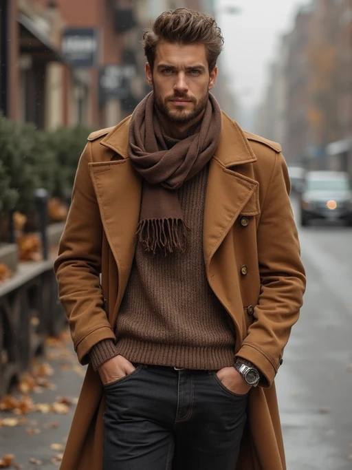 model in if(gender=f){brown leather boots, tan sweater, and chocolate accessories} if(gender=m){brown boots, camel coat, and mocha scarf}, layered earth tones, sophisticated autumn style