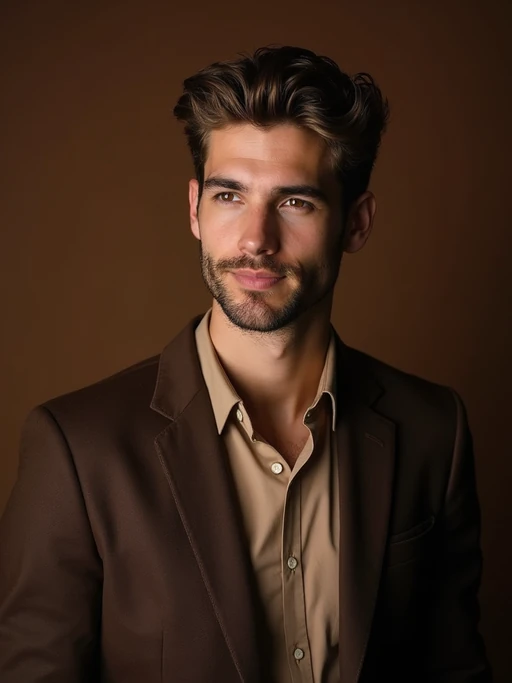 model wearing if(gender=f){mocha brown knit set with gold jewelry} if(gender=m){chocolate brown blazer over beige shirt}, cozy luxury aesthetic, rich brown textures, warm studio lighting