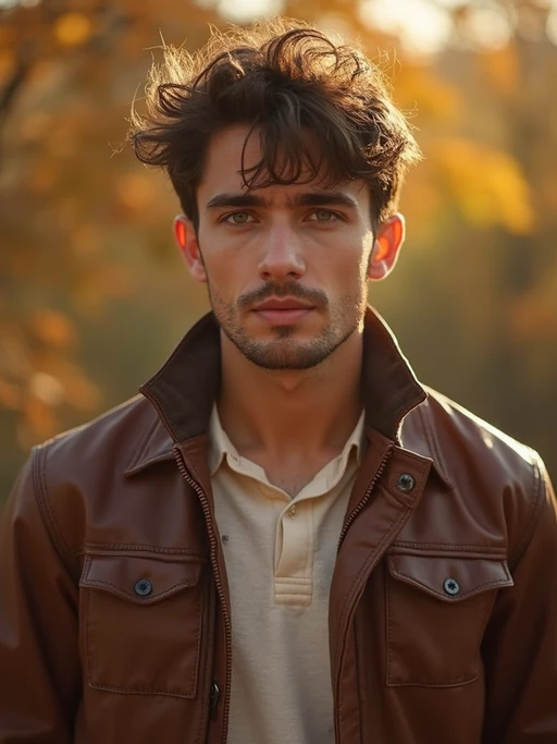 model in if(gender=f){flowing caramel midi dress with brown leather accessories} if(gender=m){brown leather jacket over cream shirt}, autumn-inspired palette, elegant earth tones, golden hour lighting