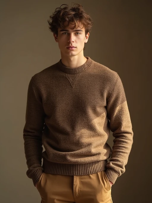 model wearing if(gender=f){chocolate brown silk blouse and caramel trousers} if(gender=m){mocha brown sweater and tan chinos}, luxurious textures, rich earth tones, sophisticated styling, warm natural lighting