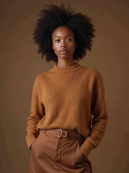 model in if(gender=f){caramel cashmere sweater with brown silk skirt} if(gender=m){brown cashmere sweater with tan trousers}, premium materials, rich earth tone palette, elegant composition
