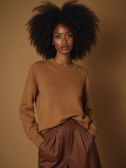 model in if(gender=f){caramel cashmere sweater with brown silk skirt} if(gender=m){brown cashmere sweater with tan trousers}, premium materials, rich earth tone palette, elegant composition