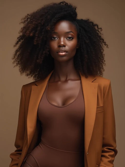 model wearing if(gender=f){chocolate brown bodysuit with caramel blazer} if(gender=m){mocha turtleneck with brown leather jacket}, monochromatic brown styling, luxurious textures, professional lighting