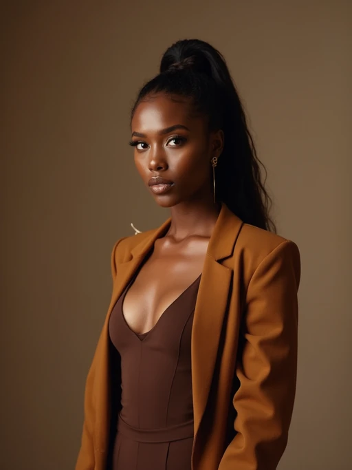 model wearing if(gender=f){chocolate brown bodysuit with caramel blazer} if(gender=m){mocha turtleneck with brown leather jacket}, monochromatic brown styling, luxurious textures, professional lighting