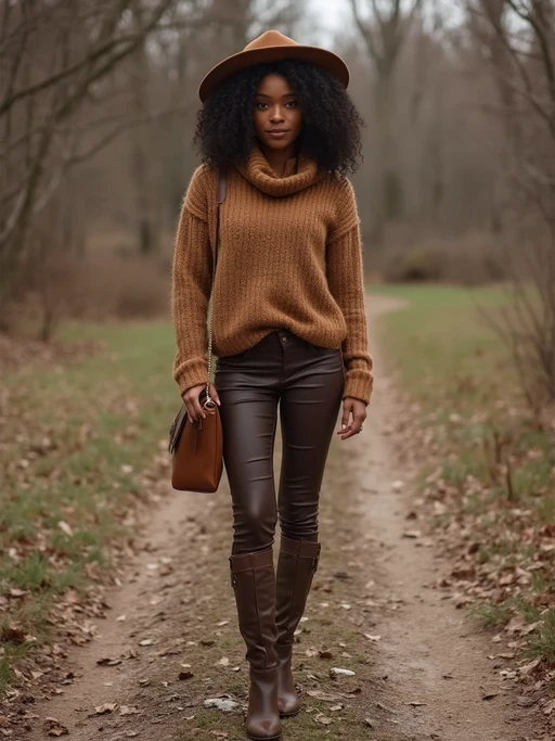 model in if(gender=f){brown leather boots, tan sweater, and chocolate accessories} if(gender=m){brown boots, camel coat, and mocha scarf}, layered earth tones, sophisticated autumn style