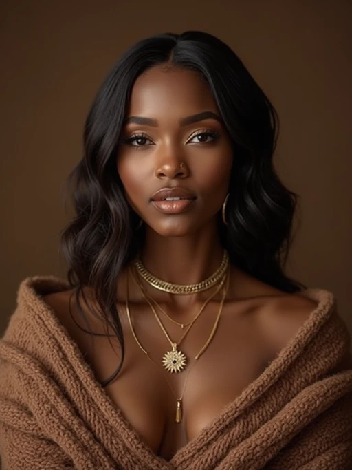 model wearing if(gender=f){mocha brown knit set with gold jewelry} if(gender=m){chocolate brown blazer over beige shirt}, cozy luxury aesthetic, rich brown textures, warm studio lighting