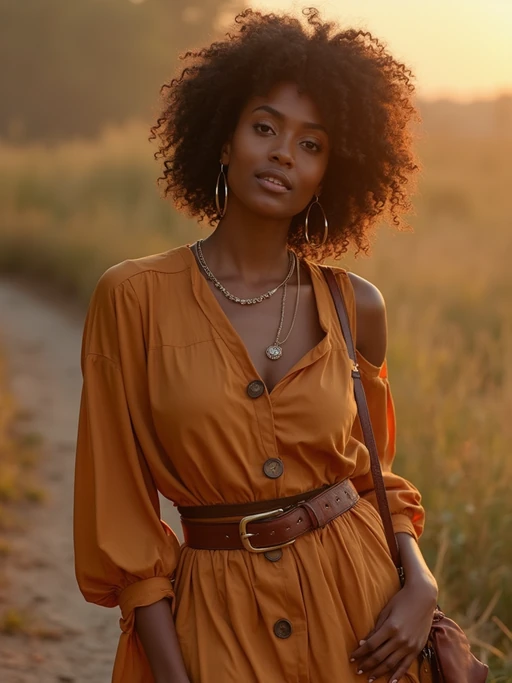 model in if(gender=f){flowing caramel midi dress with brown leather accessories} if(gender=m){brown leather jacket over cream shirt}, autumn-inspired palette, elegant earth tones, golden hour lighting