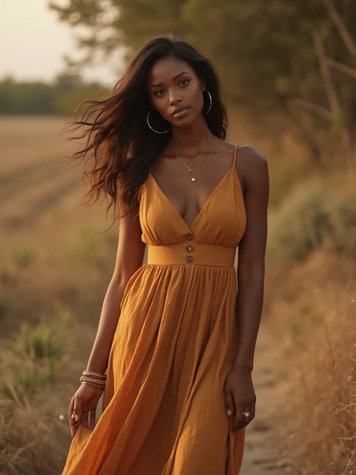 model in if(gender=f){flowing caramel midi dress with brown leather accessories} if(gender=m){brown leather jacket over cream shirt}, autumn-inspired palette, elegant earth tones, golden hour lighting