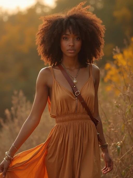 model in if(gender=f){flowing caramel midi dress with brown leather accessories} if(gender=m){brown leather jacket over cream shirt}, autumn-inspired palette, elegant earth tones, golden hour lighting