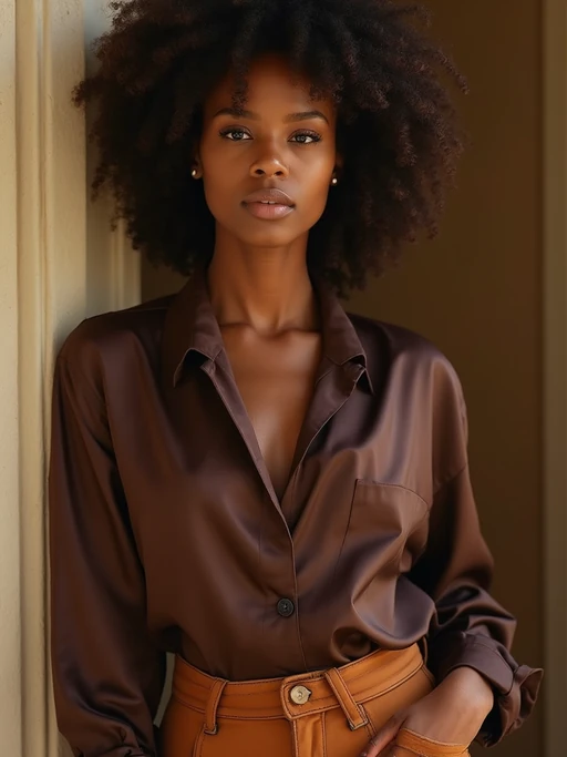 model wearing if(gender=f){chocolate brown silk blouse and caramel trousers} if(gender=m){mocha brown sweater and tan chinos}, luxurious textures, rich earth tones, sophisticated styling, warm natural lighting