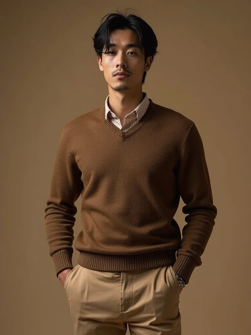 model in if(gender=f){caramel cashmere sweater with brown silk skirt} if(gender=m){brown cashmere sweater with tan trousers}, premium materials, rich earth tone palette, elegant composition