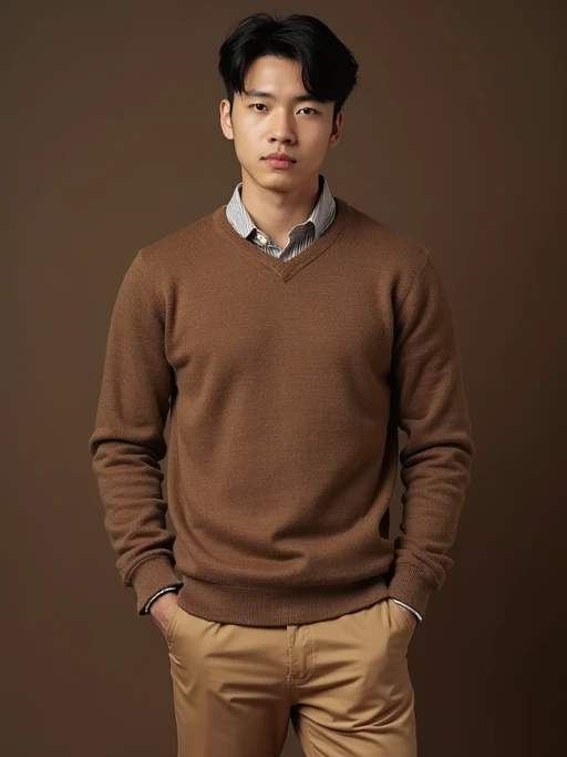 model in if(gender=f){caramel cashmere sweater with brown silk skirt} if(gender=m){brown cashmere sweater with tan trousers}, premium materials, rich earth tone palette, elegant composition