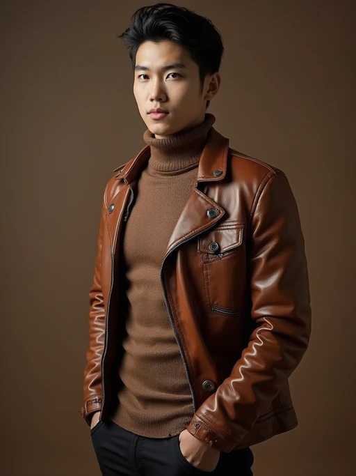 model wearing if(gender=f){chocolate brown bodysuit with caramel blazer} if(gender=m){mocha turtleneck with brown leather jacket}, monochromatic brown styling, luxurious textures, professional lighting