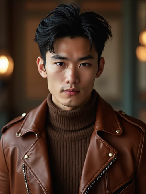 model wearing if(gender=f){chocolate brown bodysuit with caramel blazer} if(gender=m){mocha turtleneck with brown leather jacket}, monochromatic brown styling, luxurious textures, professional lighting