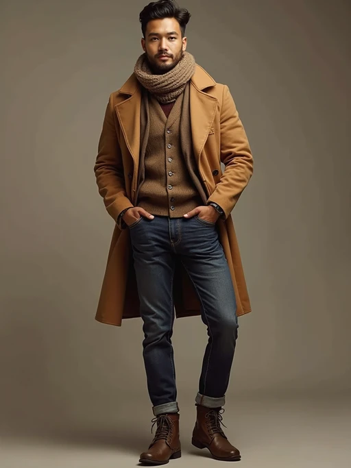 model in if(gender=f){brown leather boots, tan sweater, and chocolate accessories} if(gender=m){brown boots, camel coat, and mocha scarf}, layered earth tones, sophisticated autumn style